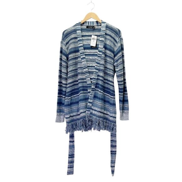 NWT Lauren Ralph Lauren Blue Striped Belted Linen-Cotton Cardigan Size Medium - Picture 8 of 15